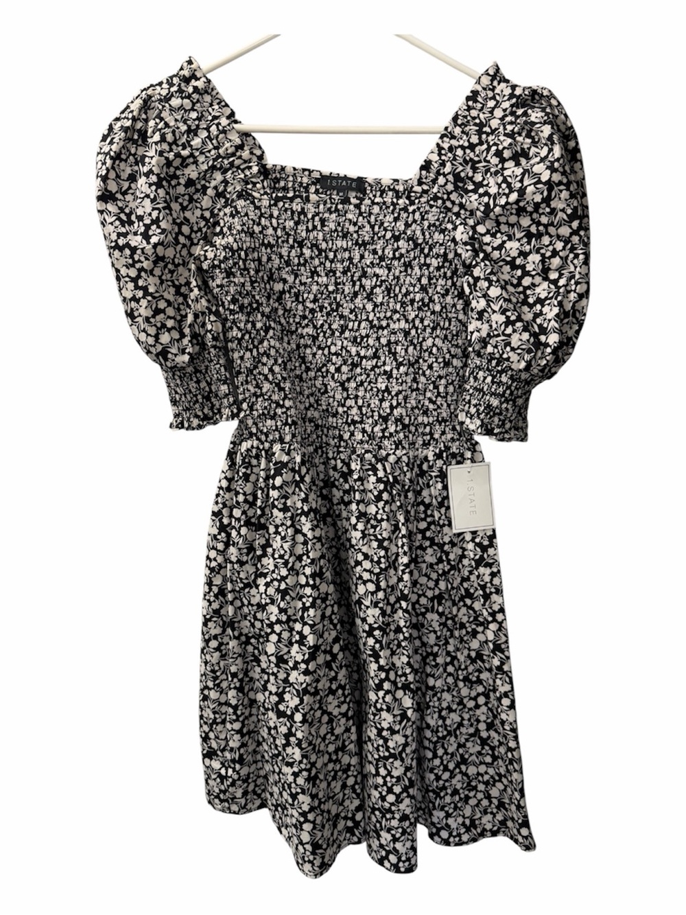 1. State Black & White Floral Puff-Sleeve Smocked Mini Dress - Picture 3 of 6